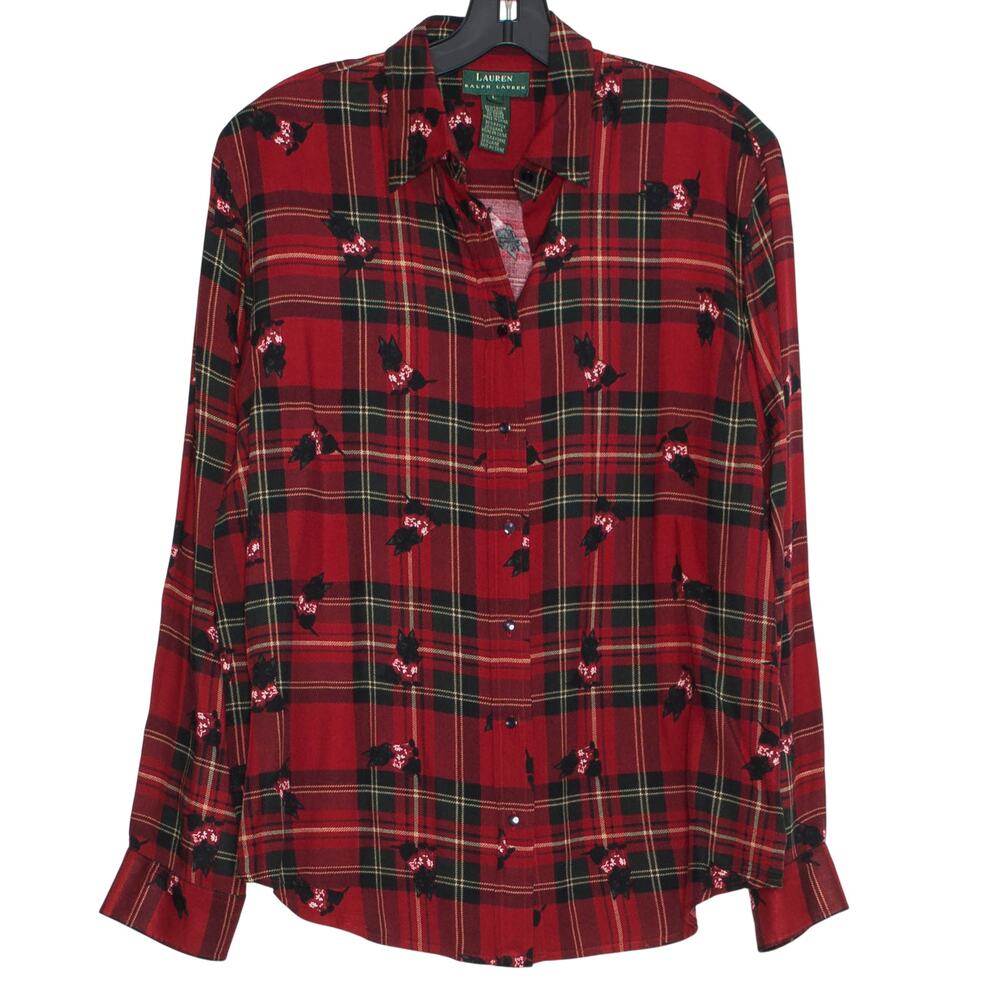 Lauren Ralph Lauren Top Scottie Dog Preppy Plaid Cottage Button Red Black Large